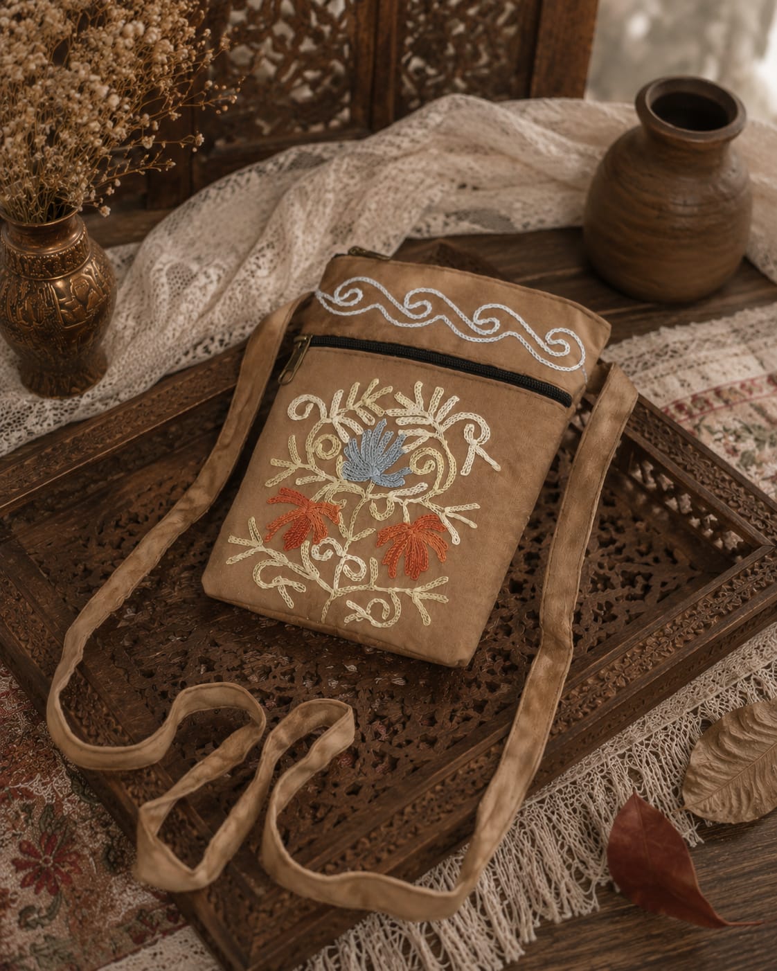 Craftique Kashmiri Embroidered Sling Bag | Camel shade