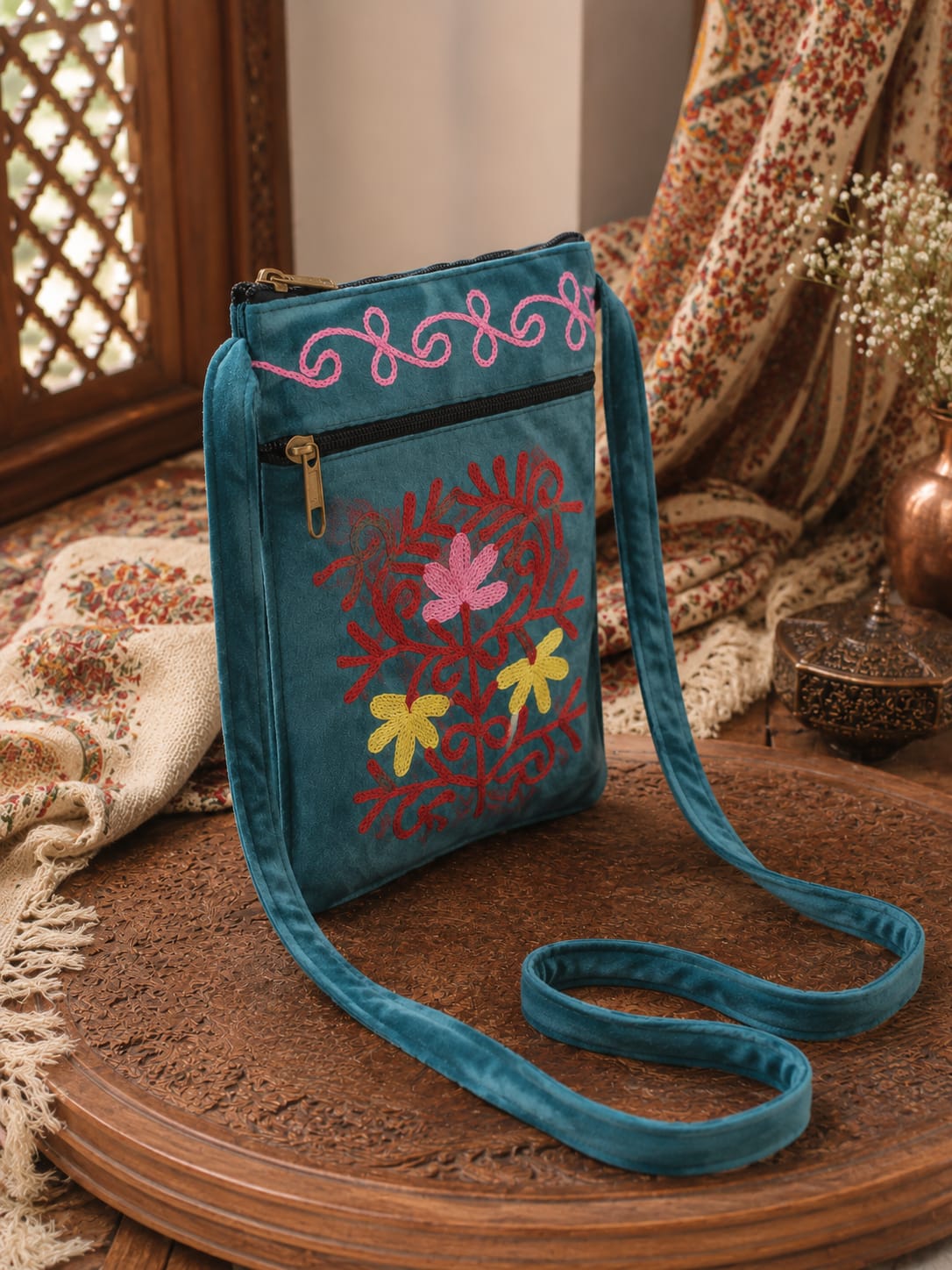 Craftique Kashmiri Embroidered Sling Bag | Deep Teal