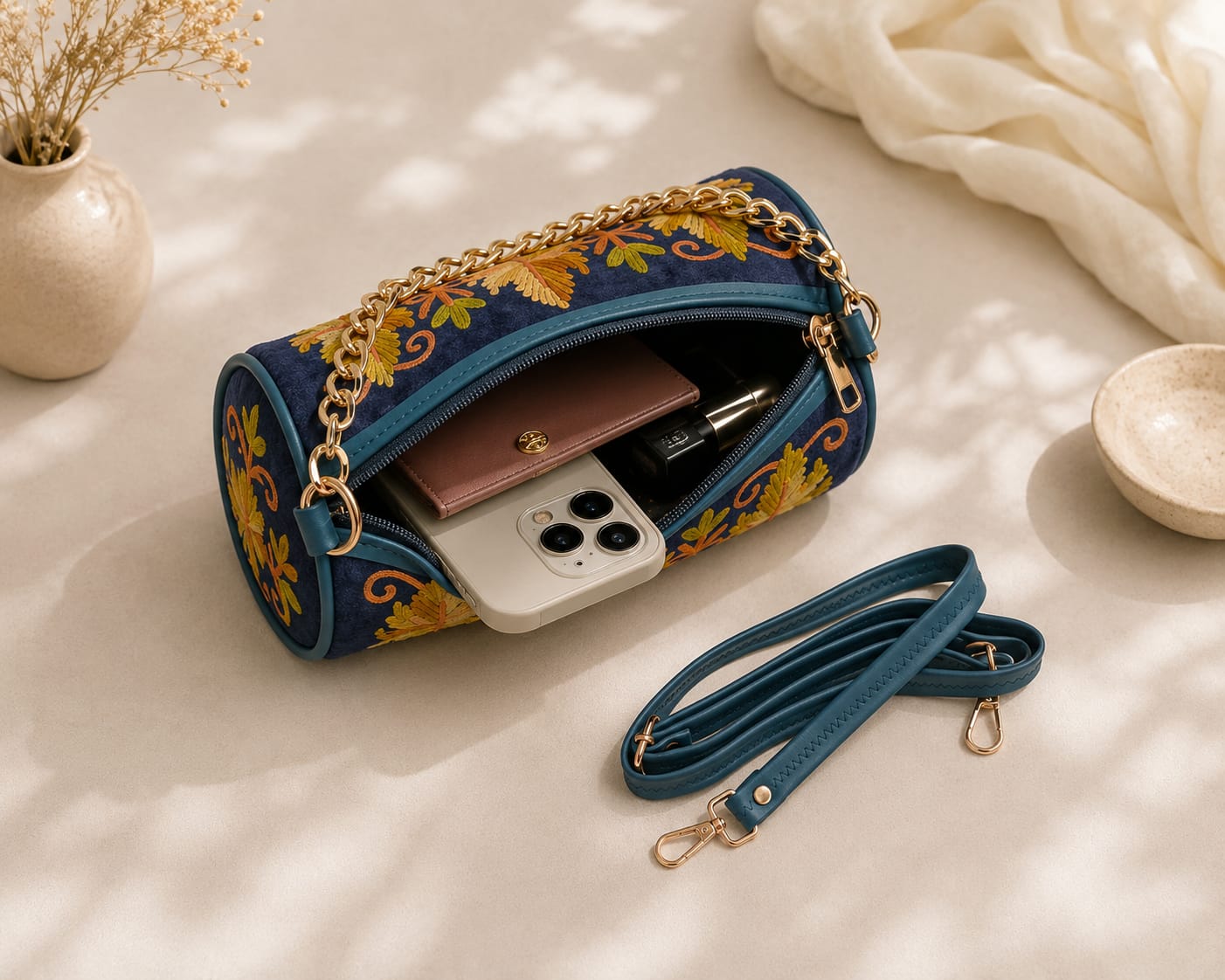 Zaria Dholki Bag | Kashmiri Aari Embroidered Occasion Bag | MIdnight Navy Blue
