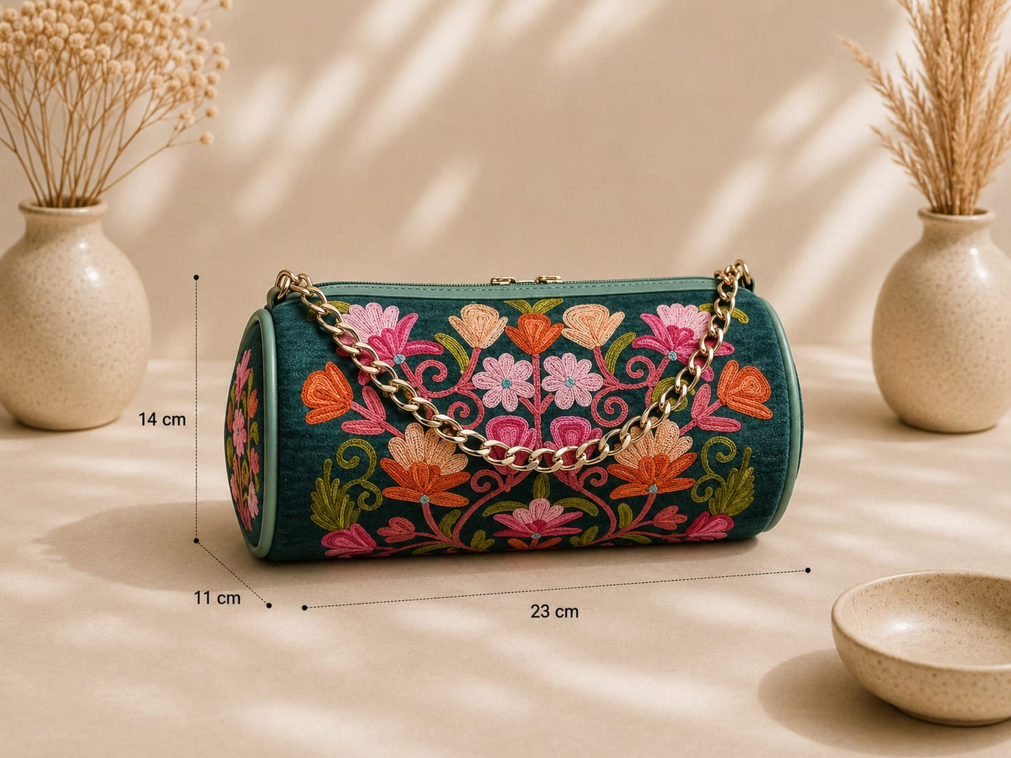 Zaria Dholki Bag | Kashmiri Aari Embroidered Occasion Bag | Pine Green