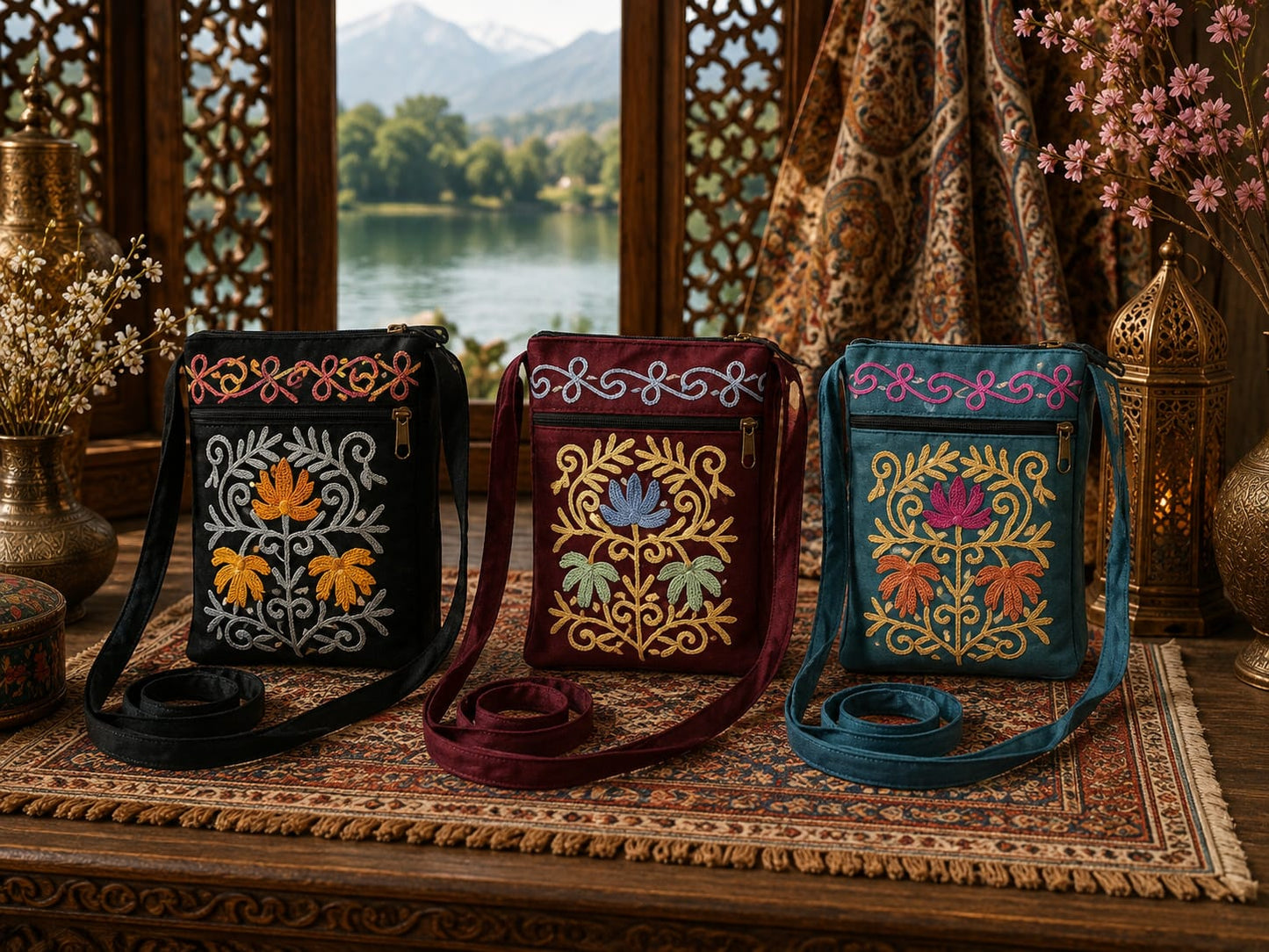 Kashmiri Embroidered Sling Bag | Set of 3