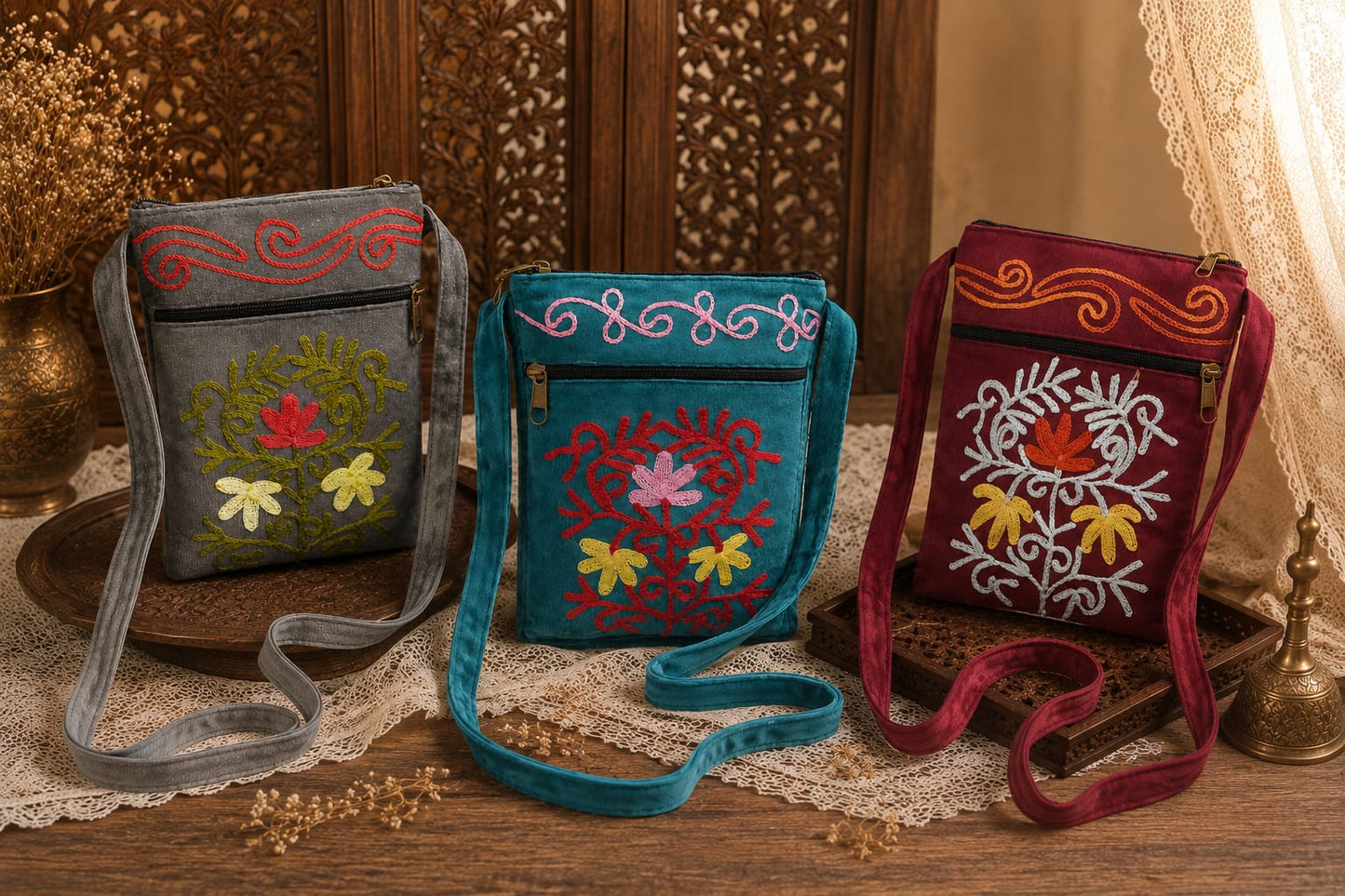 Kashmiri Embroidered Sling Bag | Set of 3 | Steel Grey, Teal, Maroon