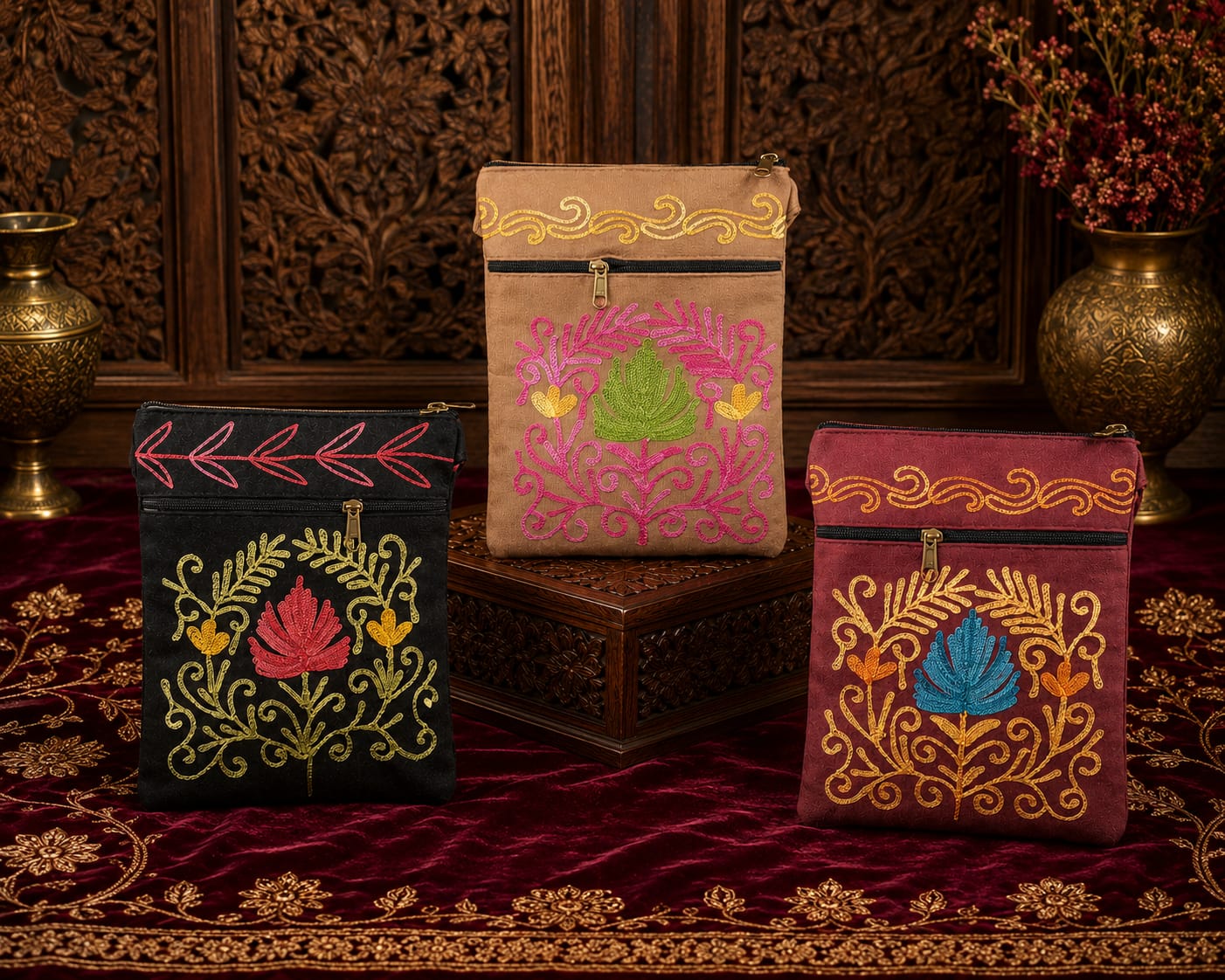 Aari Embroidered Kashmiri Utility Sling Bag | Set of 3 | Royal Black, Camel, Maroon