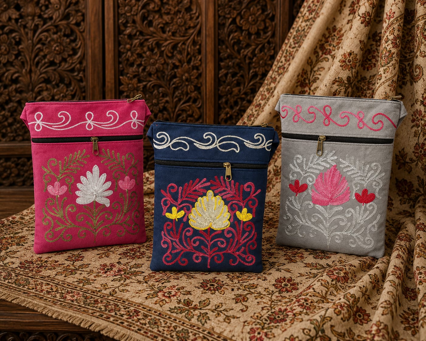 Aari Embroidered Kashmiri Utility Sling Bag | Set of 3 | Raspberry Pink, Royal Blue, Steel Grey