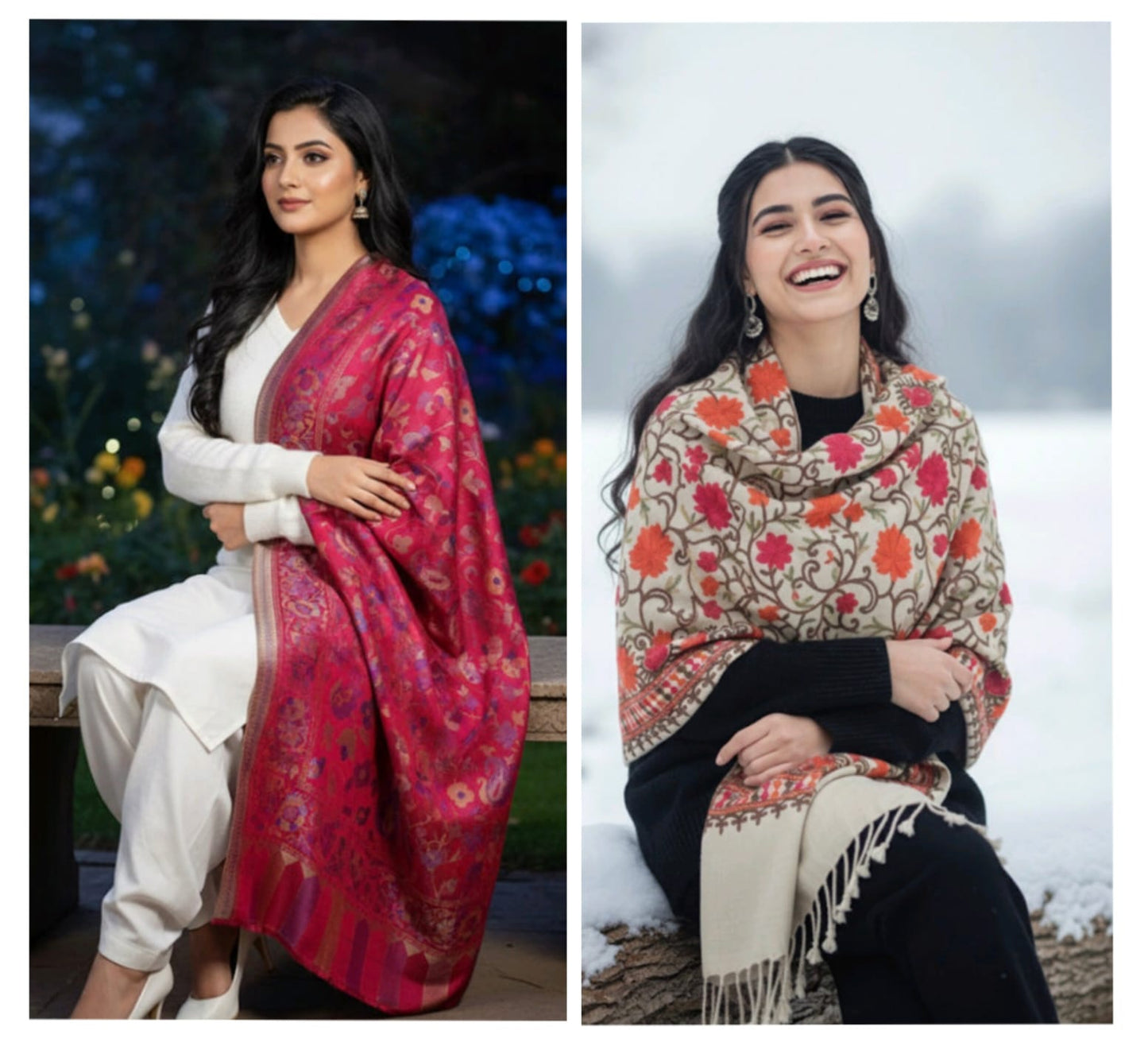 Red Tussar Silk Stole & Khaki Floral Cashmilon Shawl – Elegant Combo
