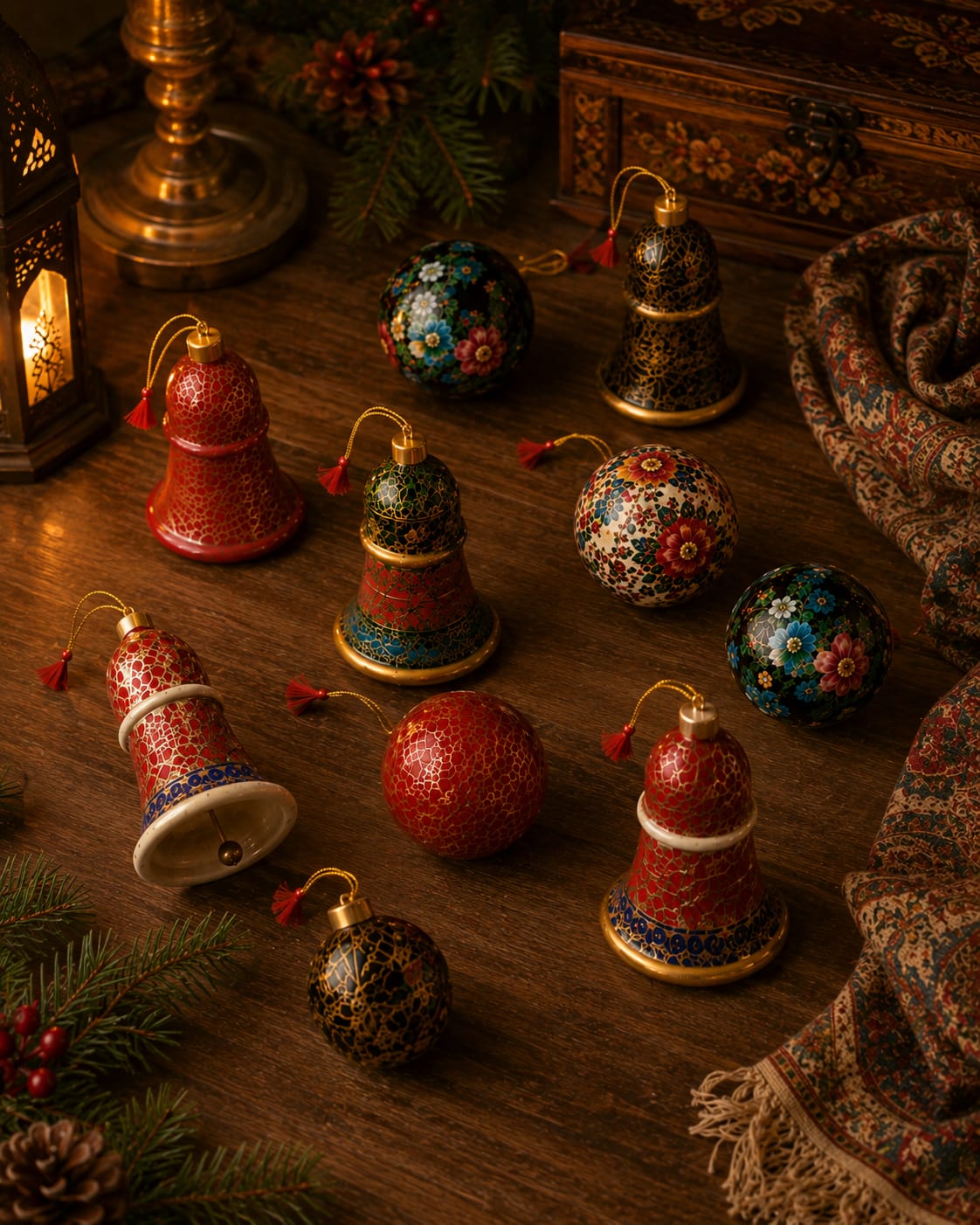 Festive Kashmiri Paper Mâché Décor – Assorted Set of 10
