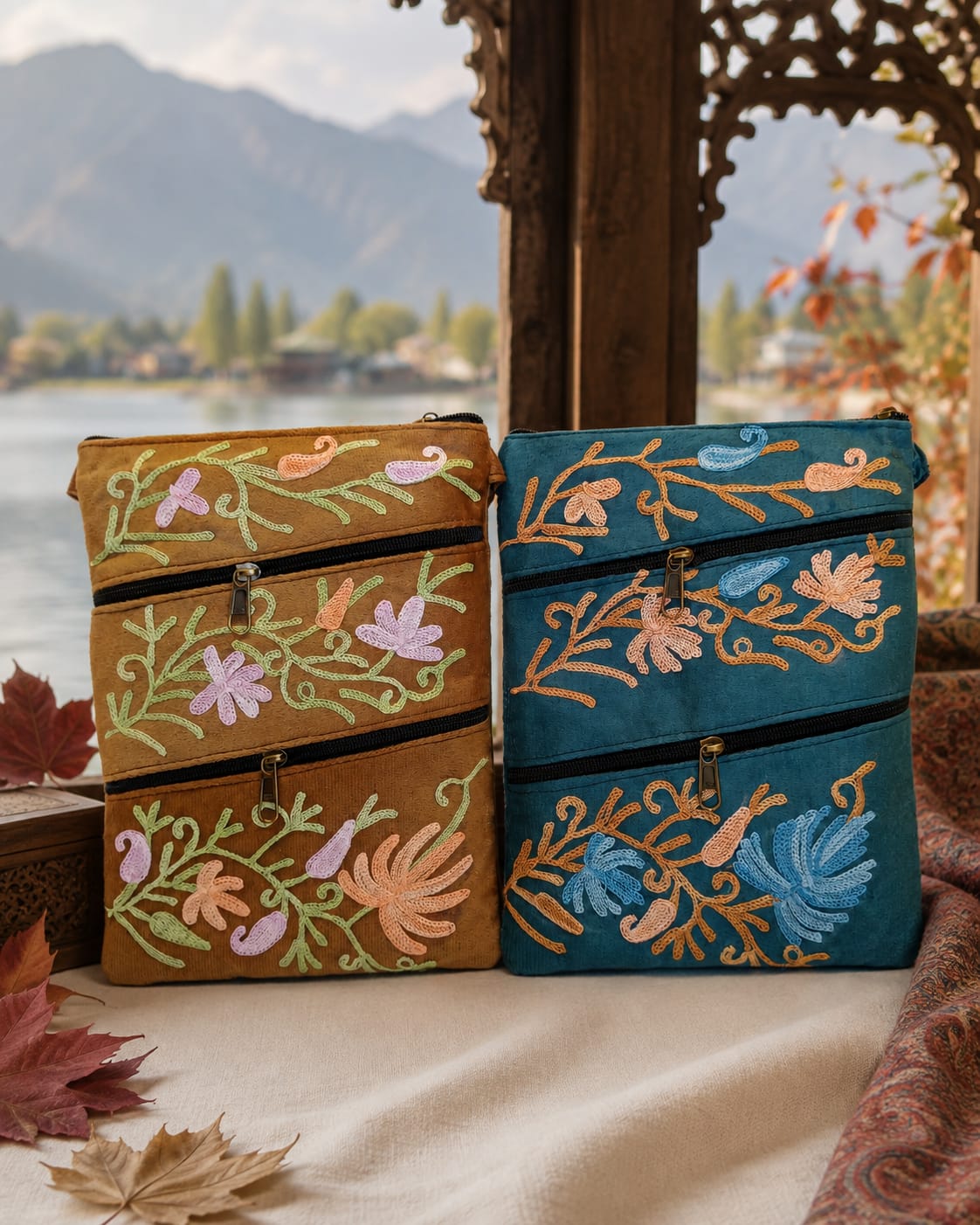 Kashmiri Aari Embroidered Sling Bag | 4 Zipper Compartments | Elegant Set of 2 | Biscuit Brown & Teel Green