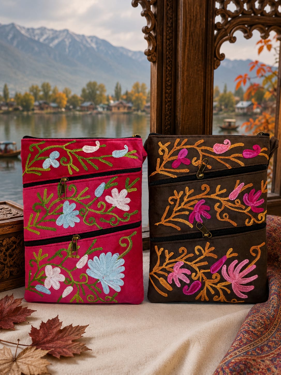 Kashmiri Aari Embroidered Sling Bag | 4 Zipper Compartments | Elegant Set of 2 | Fuschia Pink & Deep Chocalate