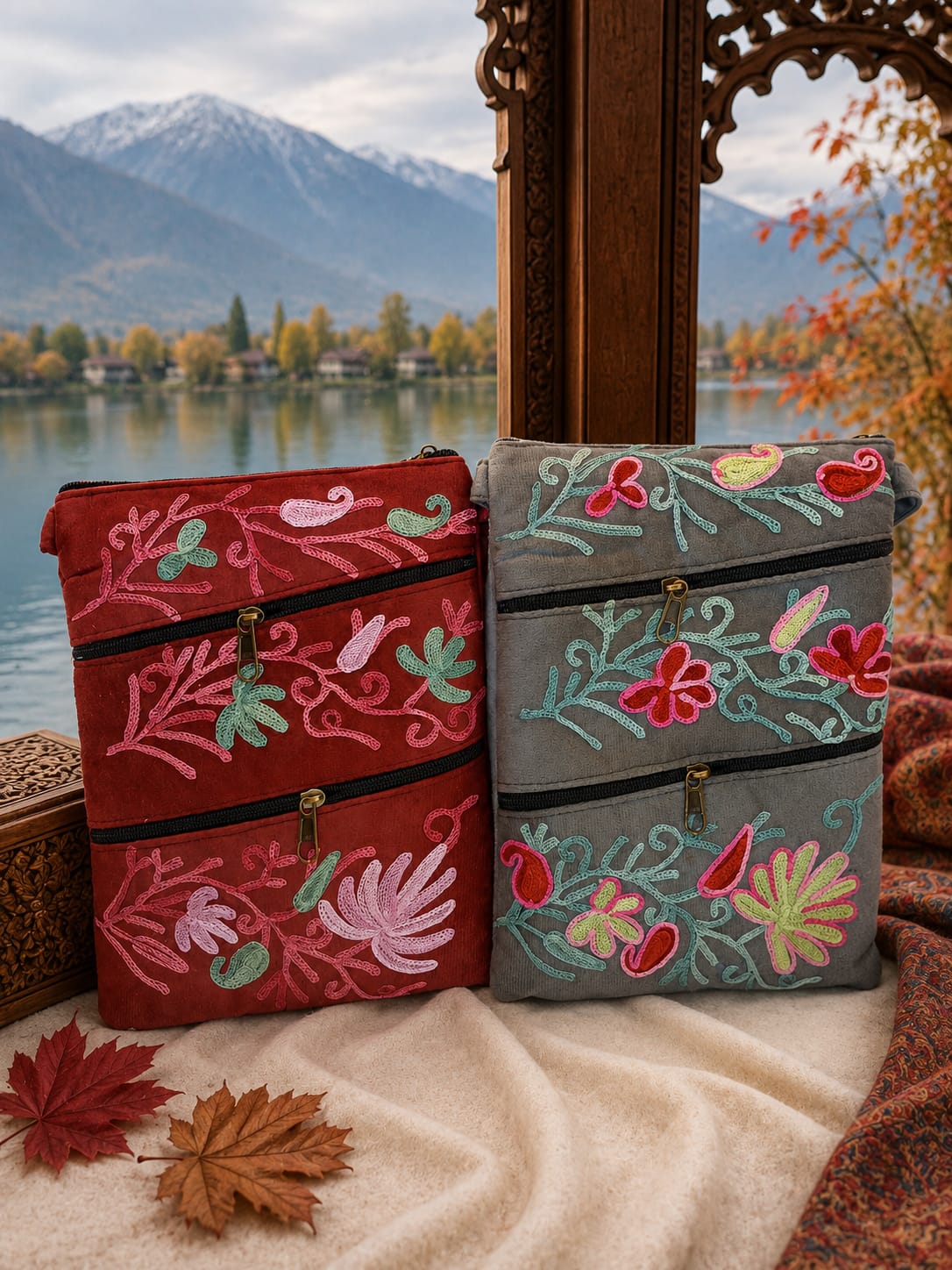 Kashmiri Aari Embroidered Sling Bag | 4 Zipper Compartments | Elegant Set of 2 | Maroon & Steel Grey