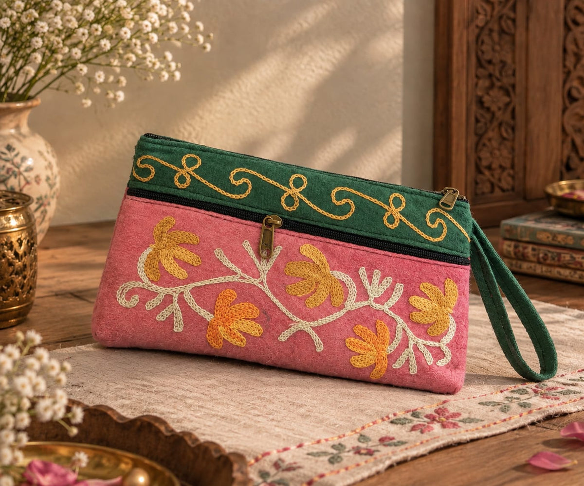 Elegant Velvet Kashmiri Embroidered Utility Pouch / Wristlet | Pink & Sage Green