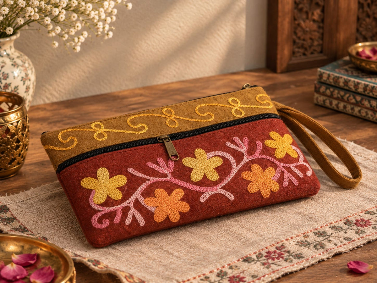 Elegant Velvet Kashmiri Embroidered Utility Pouch / Wristlet | Maroon & Camel