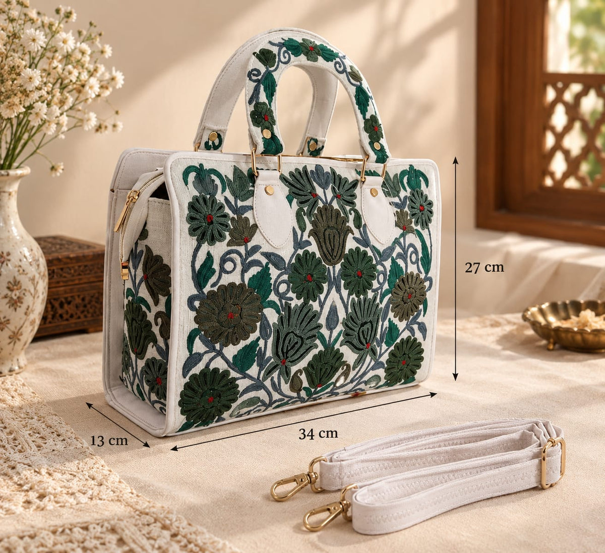 Kashmiri Embroidered structured HandBag | White