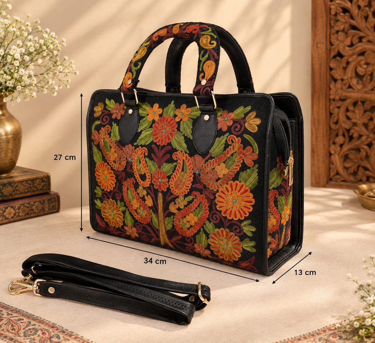 Kashmiri Embroidered structured HandBag | Black