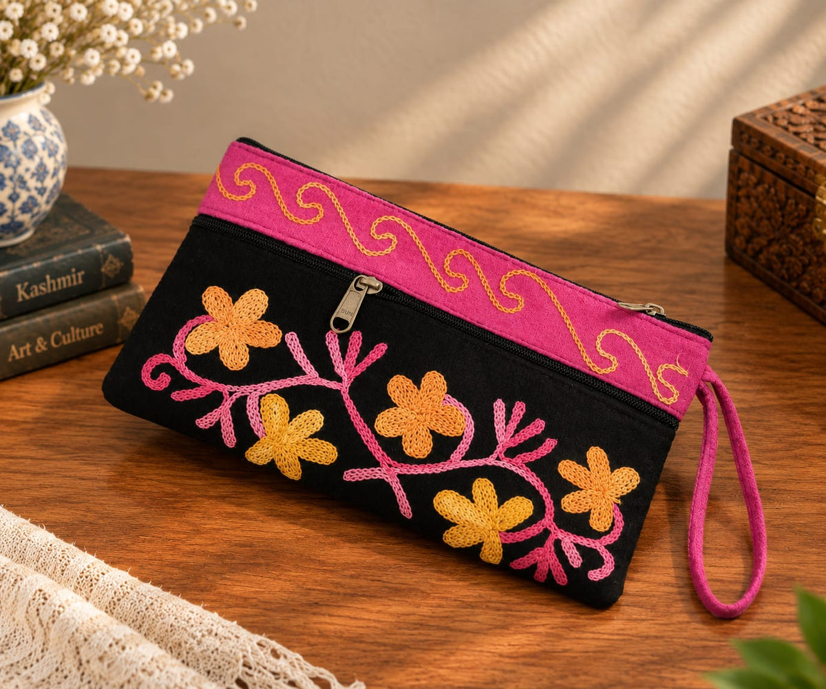 Elegant Velvet Kashmiri Embroidered Utility Pouch / Wristlet | Black & Fuchsia Pink