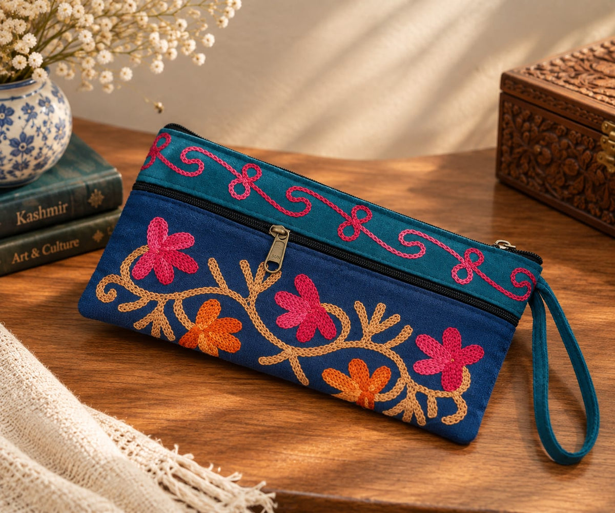Elegant Velvet Kashmiri Embroidered Utility Pouch / Wristlet | Midnight Blue & Deep Teal