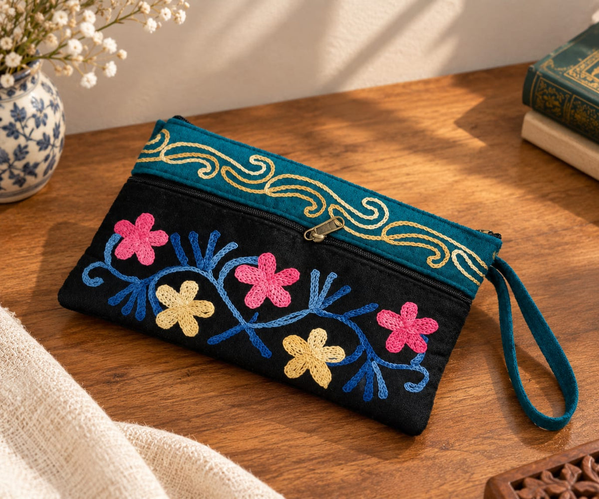 Elegant Velvet Kashmiri Embroidered Utility Pouch / Wristlet | Black & Teal