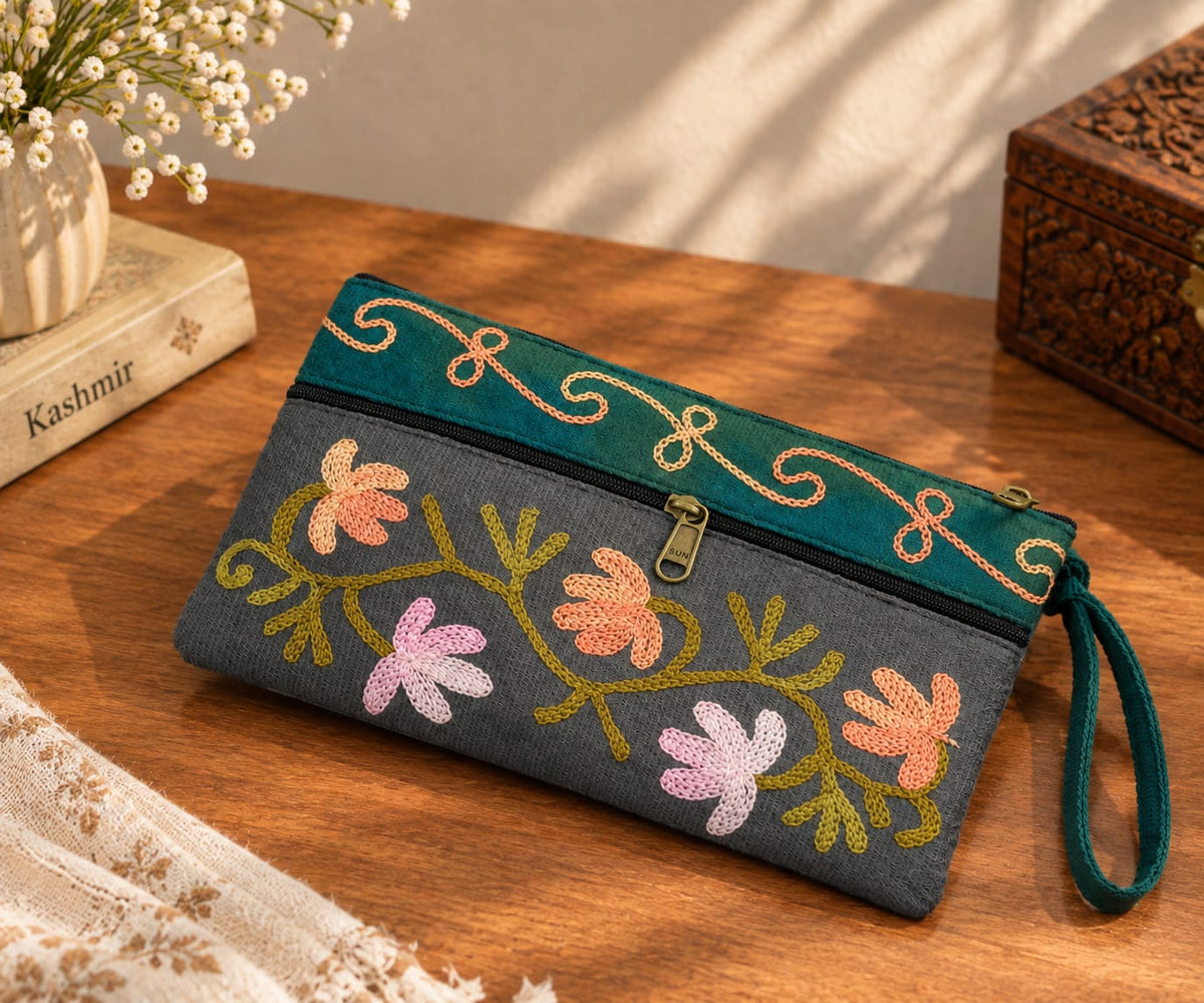 Elegant Velvet Kashmiri Embroidered Utility Pouch / Wristlet | Steel Grey & Sage Green