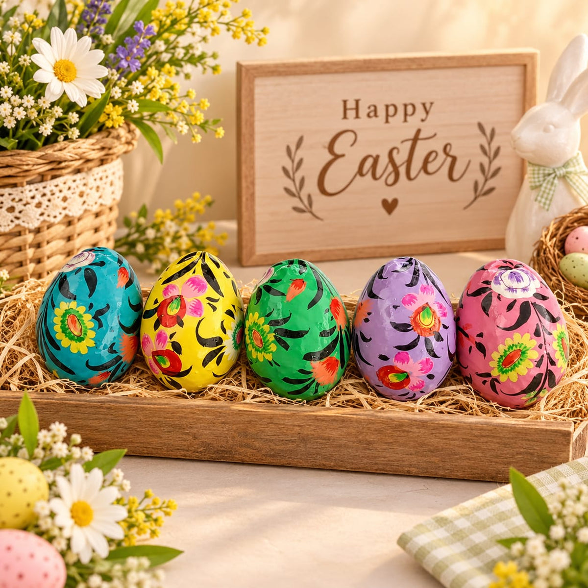 Little Blooms Handcrafted Paper Mache Eggs Decor | Assorted Colours | Set of 5