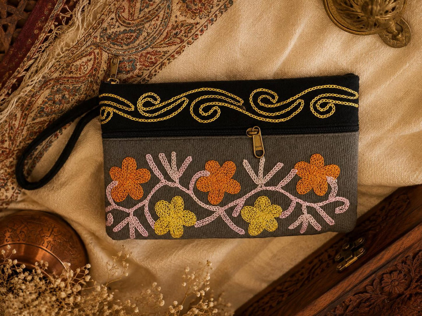 Elegant Velvet Kashmiri Embroidered Utility Pouch / Wristlet | Grey & Charcoal Shades