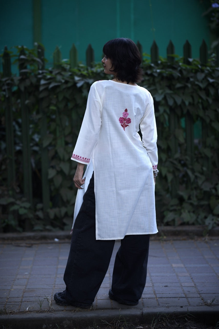 White Embroidered Long Kurti | Kashmiri Kurti