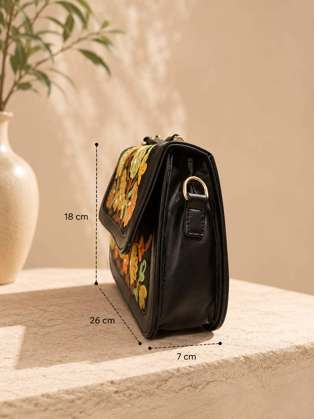 Premium Black Kashmiri Aari Embroidered Floral Sling Bag with Detachable & Adjustable Strap