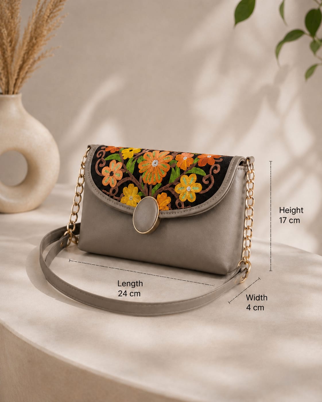 Elegant Ash Taupe Kashmiri Embroidered Sling Bag | Crossbody Purse for Women