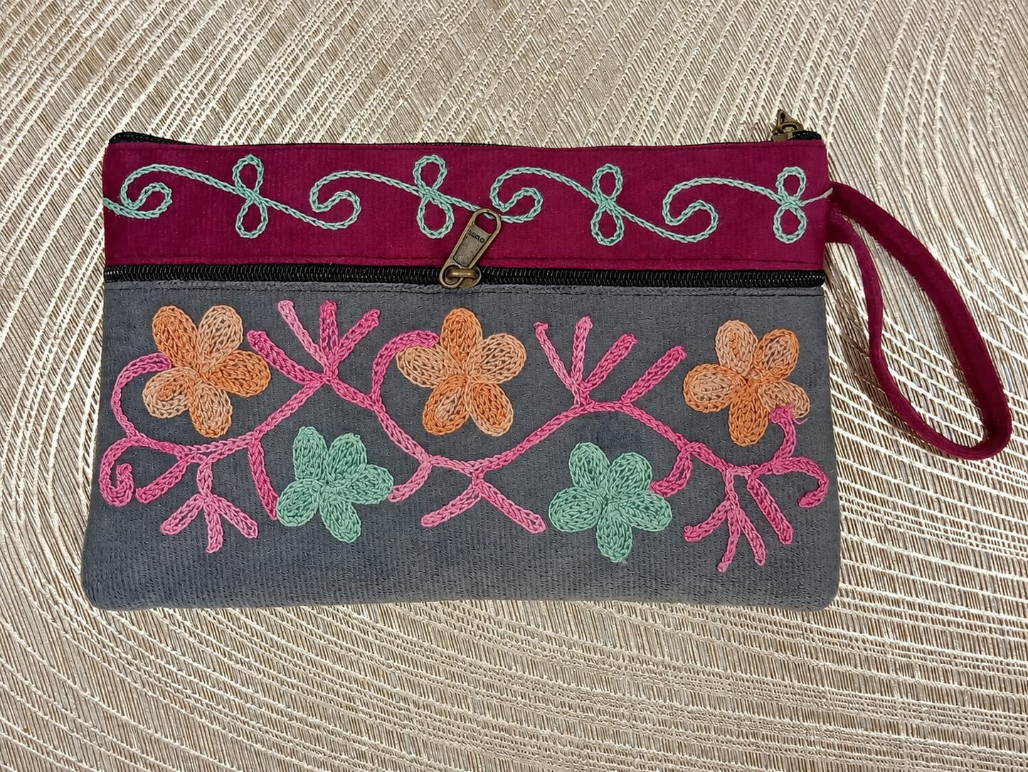 Elegant Velvet Kashmiri Embroidered Utility Pouch / Wristlet | Grey & Wine Pink