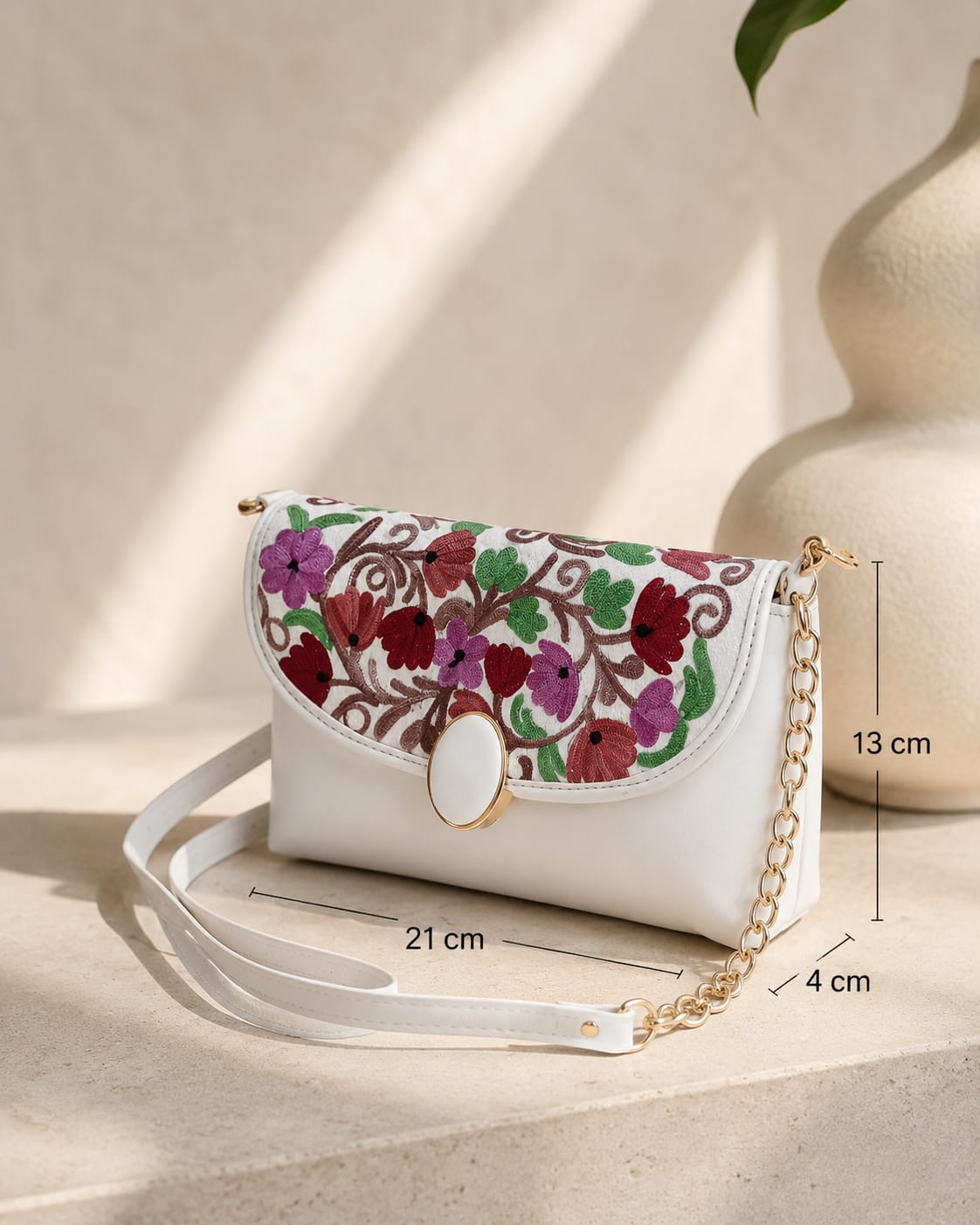 Elegant White Kashmiri Embroidered Sling Bag | Crossbody Purse for Women