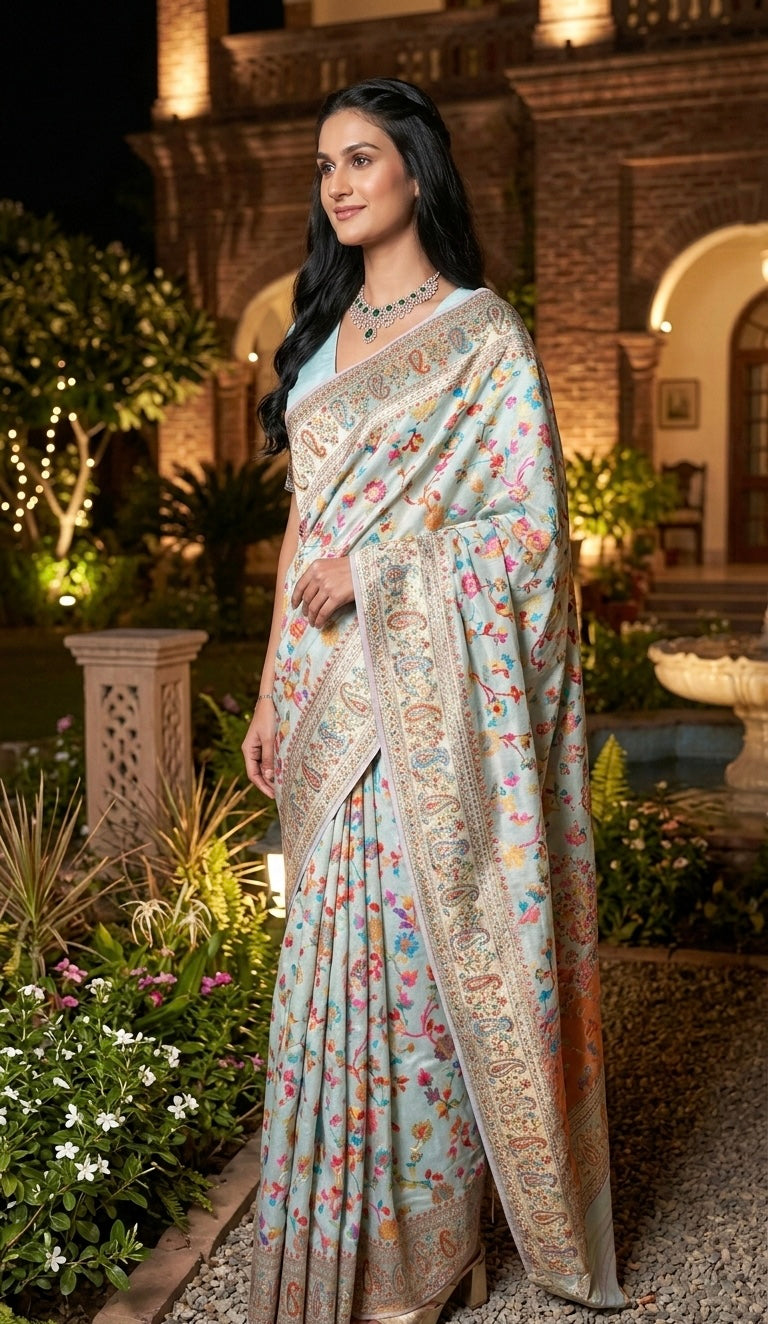 Craftique Kashmir Ethereal Pastel Floral Saree Silk Saree with Vibrant Contrast Border and Blouse Set