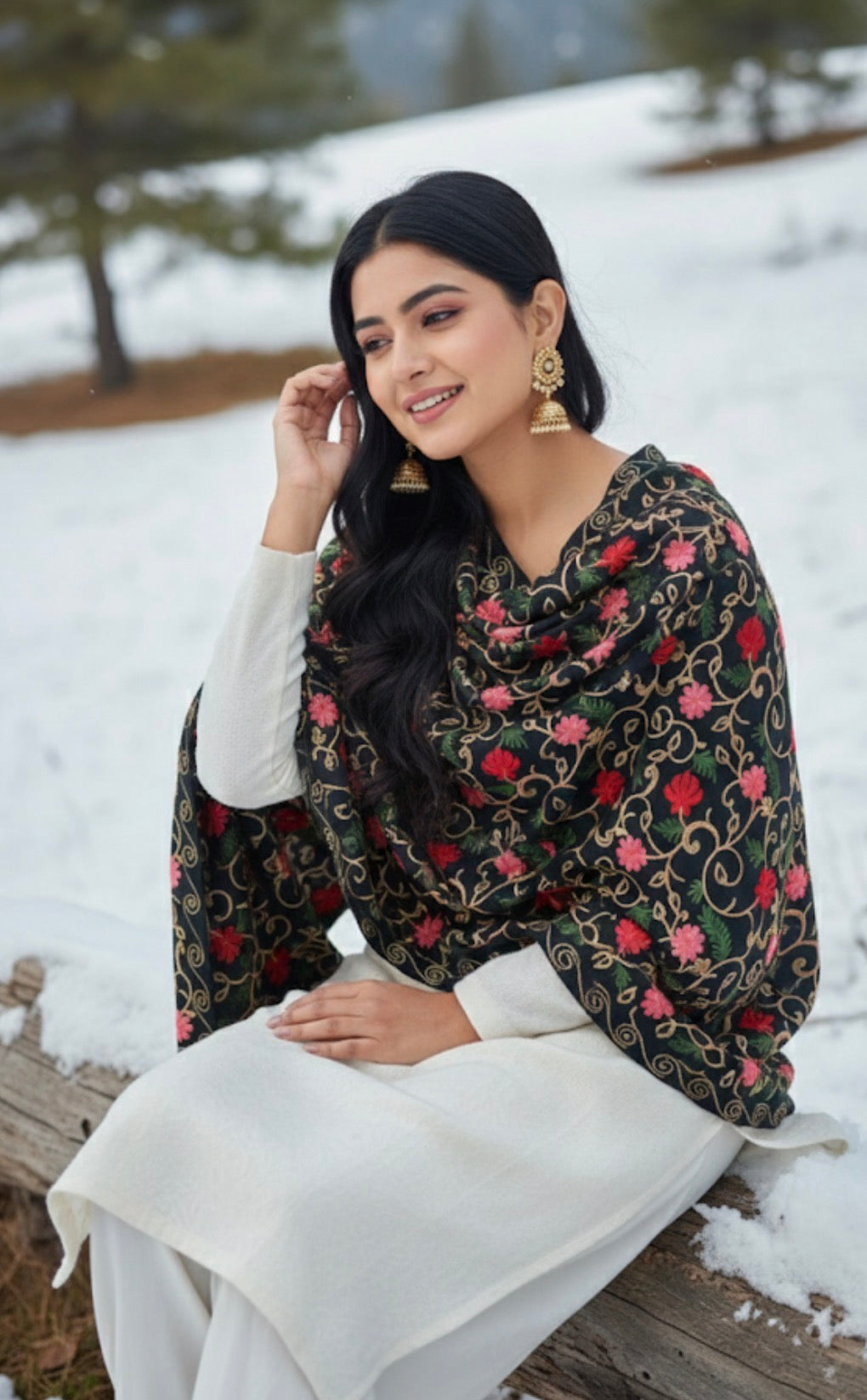 Black Multicolored Motifs Embroidered Ladies Stole | Kashmiri Aari Embroidered