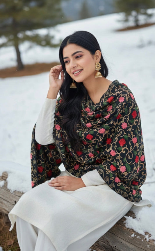 Black Multicolored Motifs Embroidered Ladies Stole | Kashmiri Aari Embroidered