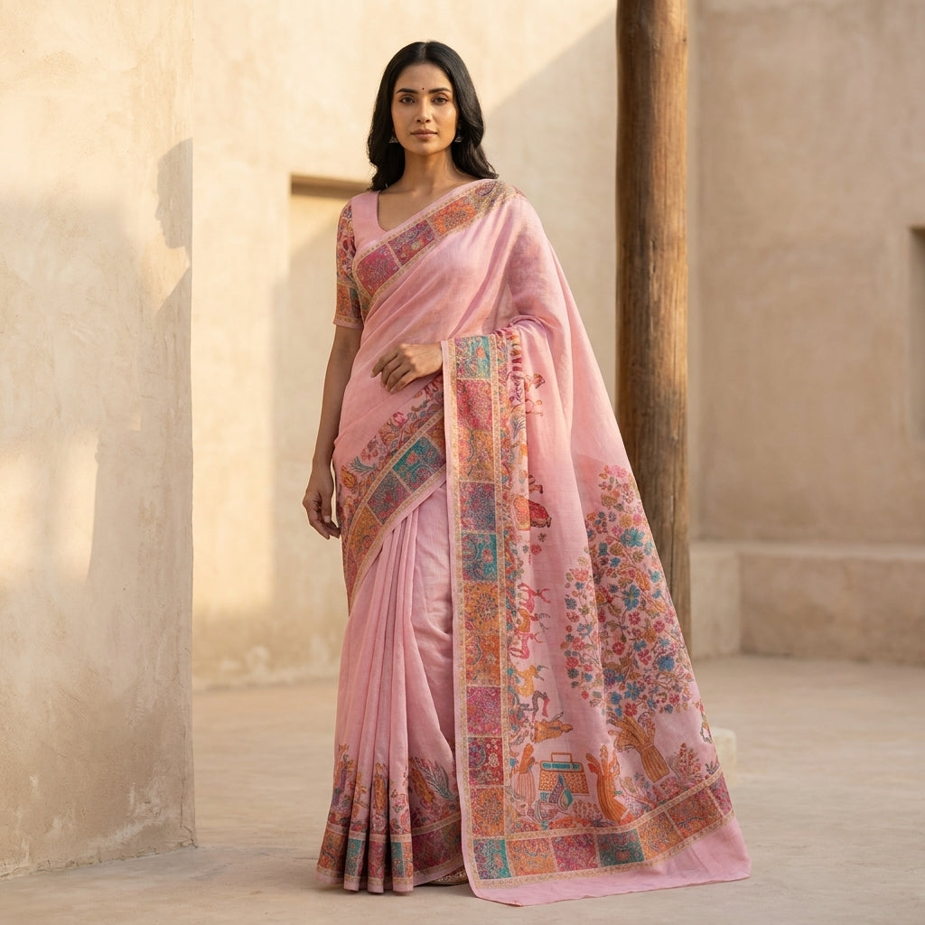 Craftique Kashmir Designer Saree and Blouse Set | Premium Cotton Self Woven | Kalamkaari Pink Coloured