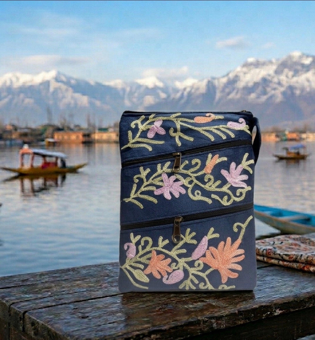 Three Zipper Kashmiri Embroidered Velvet Pouch | Navy Blue / Indigo