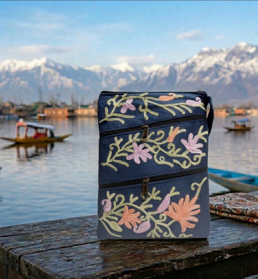 Three Zipper Kashmiri Embroidered Velvet Pouch | Navy Blue / Indigo