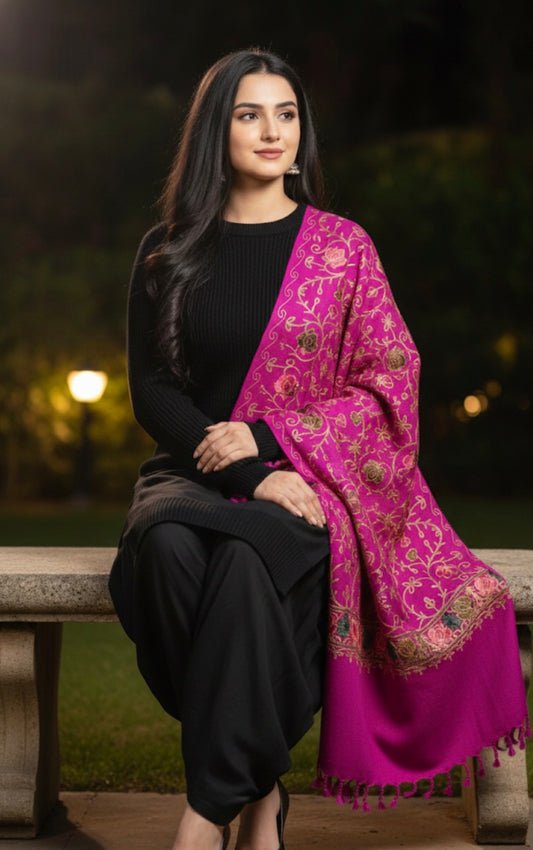 Craftique Embroidered Kashmiri Stole | Royal Pink | Aari Embroidered