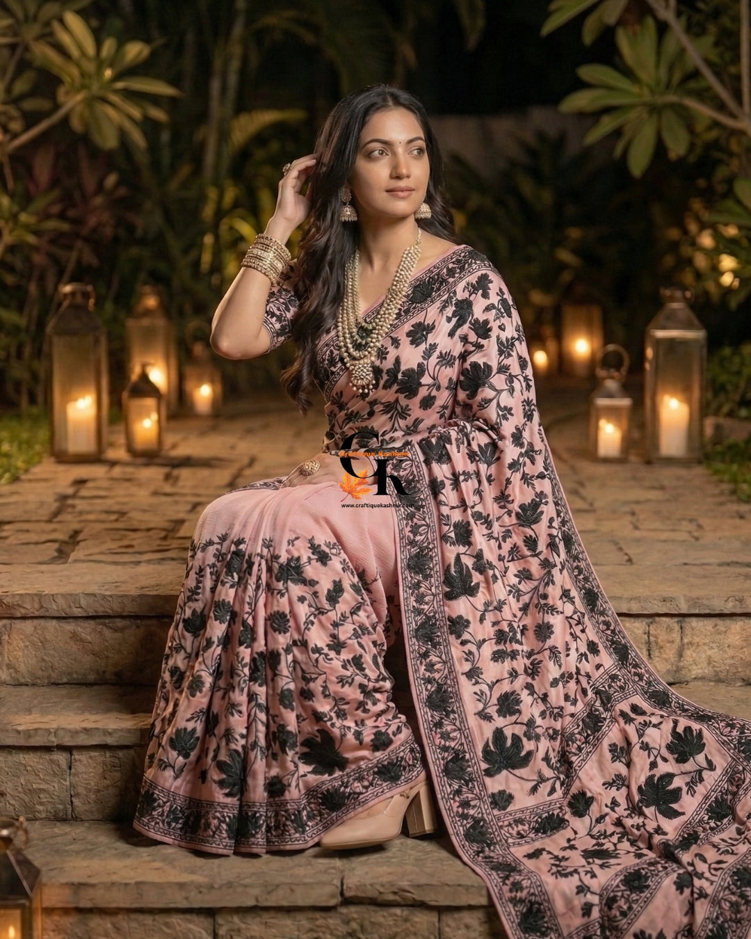 Designer Georgette Saree and Blouse Set | Aari Embroidered | Light Pink Base Black Embroidered Motifs