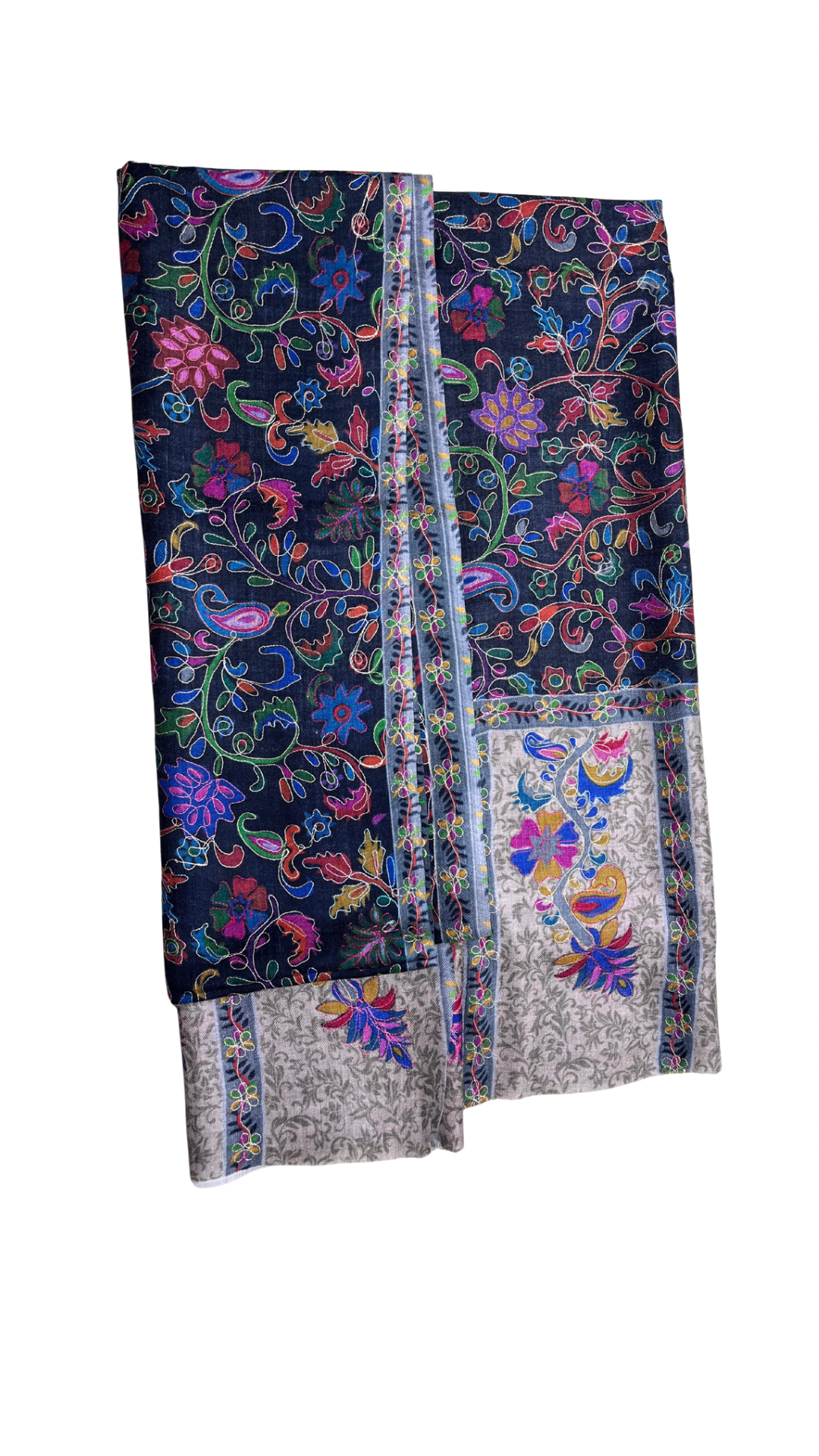 Craftique Premium Soft Silk Kalamkaari Shawl | Black Multicolored Motifs Pattern | Blue Base