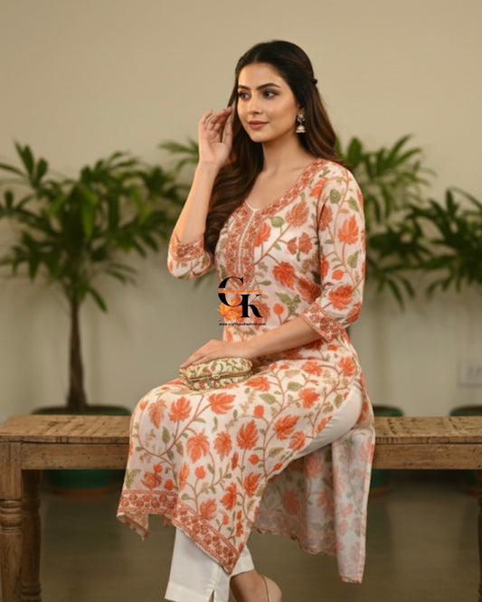 Craftique Kashmir Semi Stitched Light Pink Colorful Motifs Embroidered Long Kurti | Kashmiri Georgette Kurti