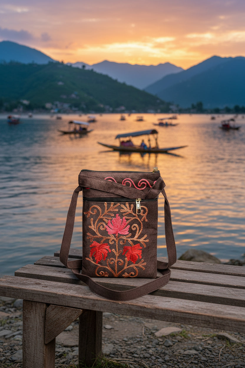 Craftique Kashmiri Embroidered Sling Bag | Deep Chocolate Brown