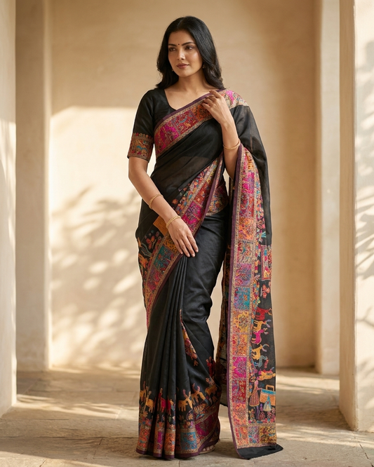 Craftique Kashmir Designer Saree and Blouse Set | Premium Cotton Self Woven | Kalamkaari Black Coloured