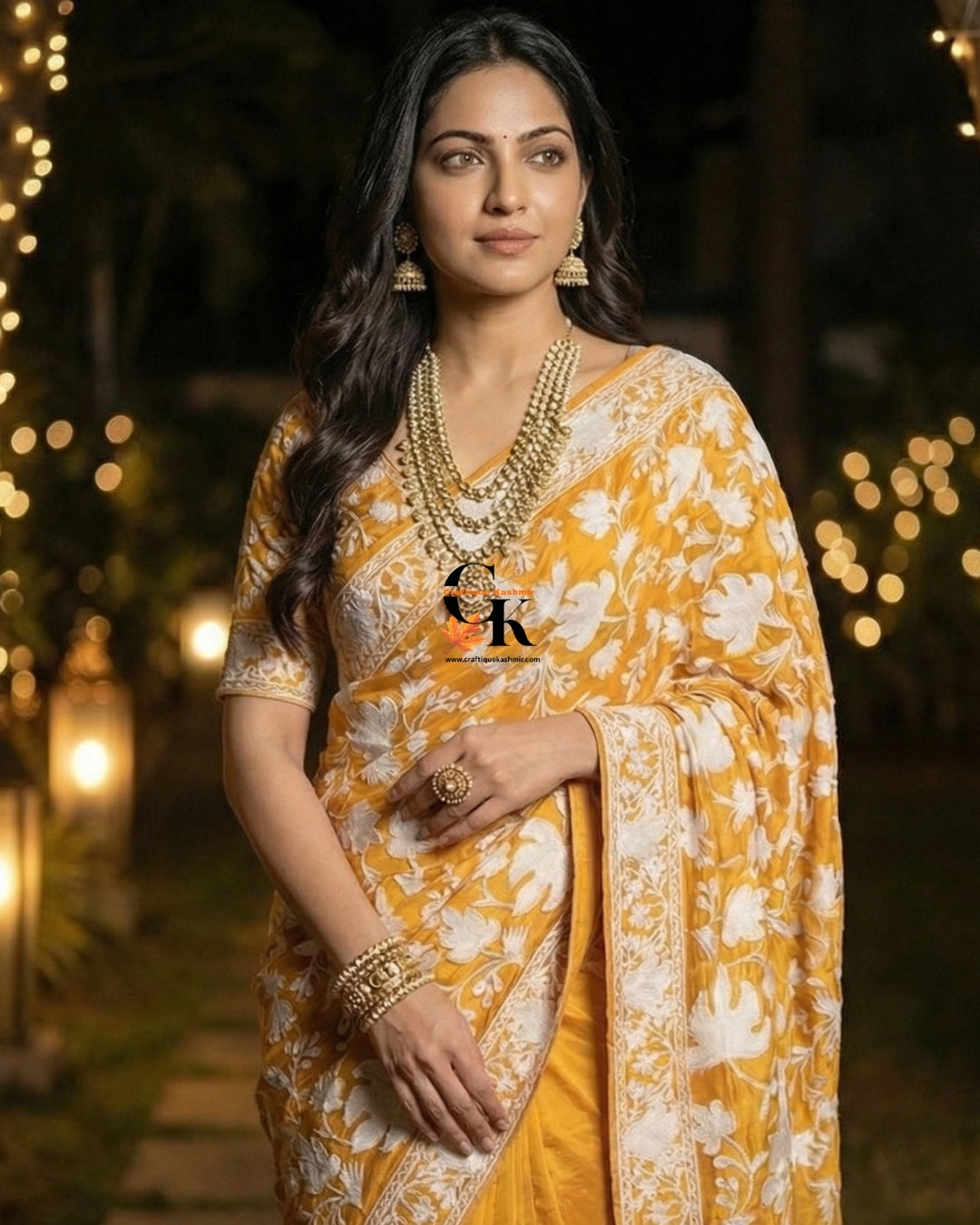 Designer Georgette Saree and Blouse Set | Aari Embroidered | Yellow Base White Embroidered Motifs