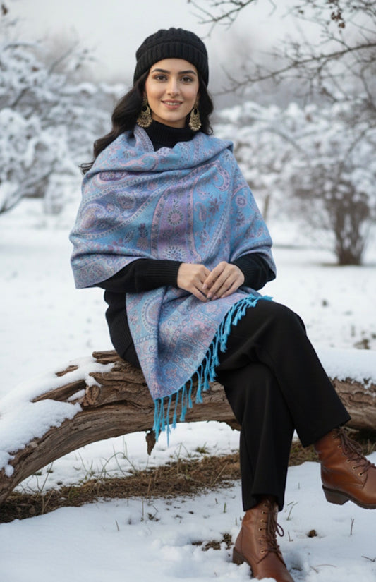 Semi Pashmina Kashmiri Stole | Light Blue Pink Paisley Colored | Kani Woven Stole