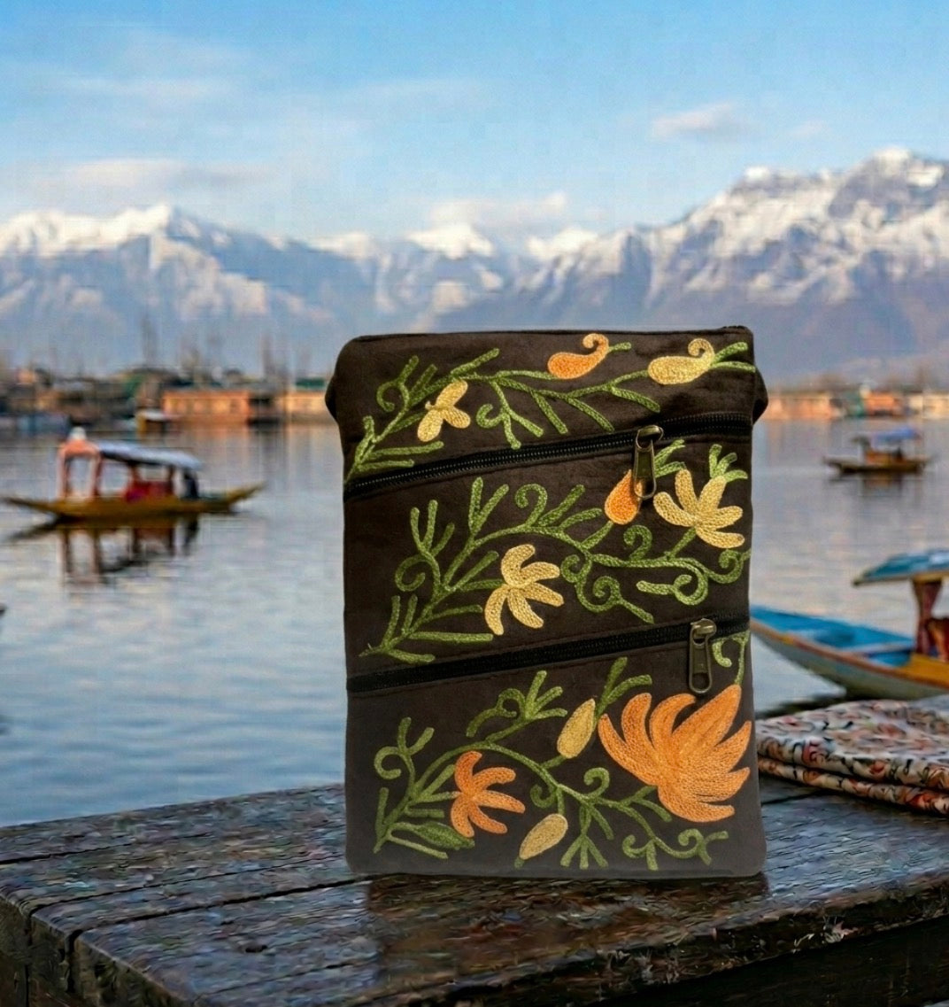 Three Zipper Kashmiri Embroidered Velvet Pouch | Charcoal Black / Deep Espresso