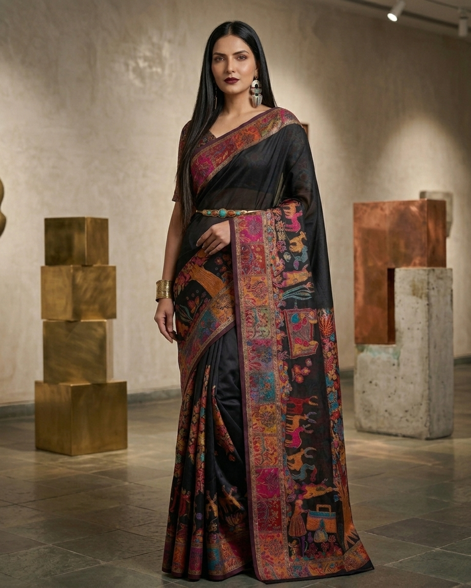 Craftique Kashmir Designer Saree and Blouse Set | Premium Cotton Self Woven | Kalamkaari Black Coloured