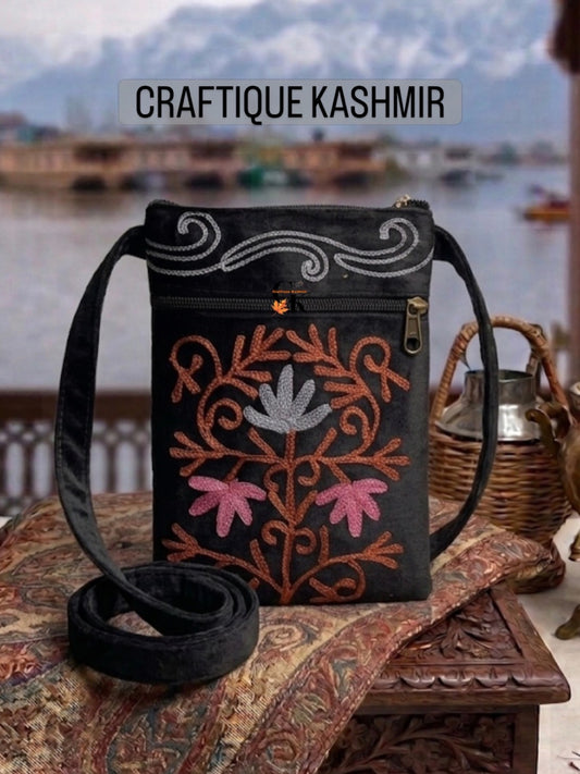 Craftique Kashmiri Embroidered Sling Bag | Royal Black