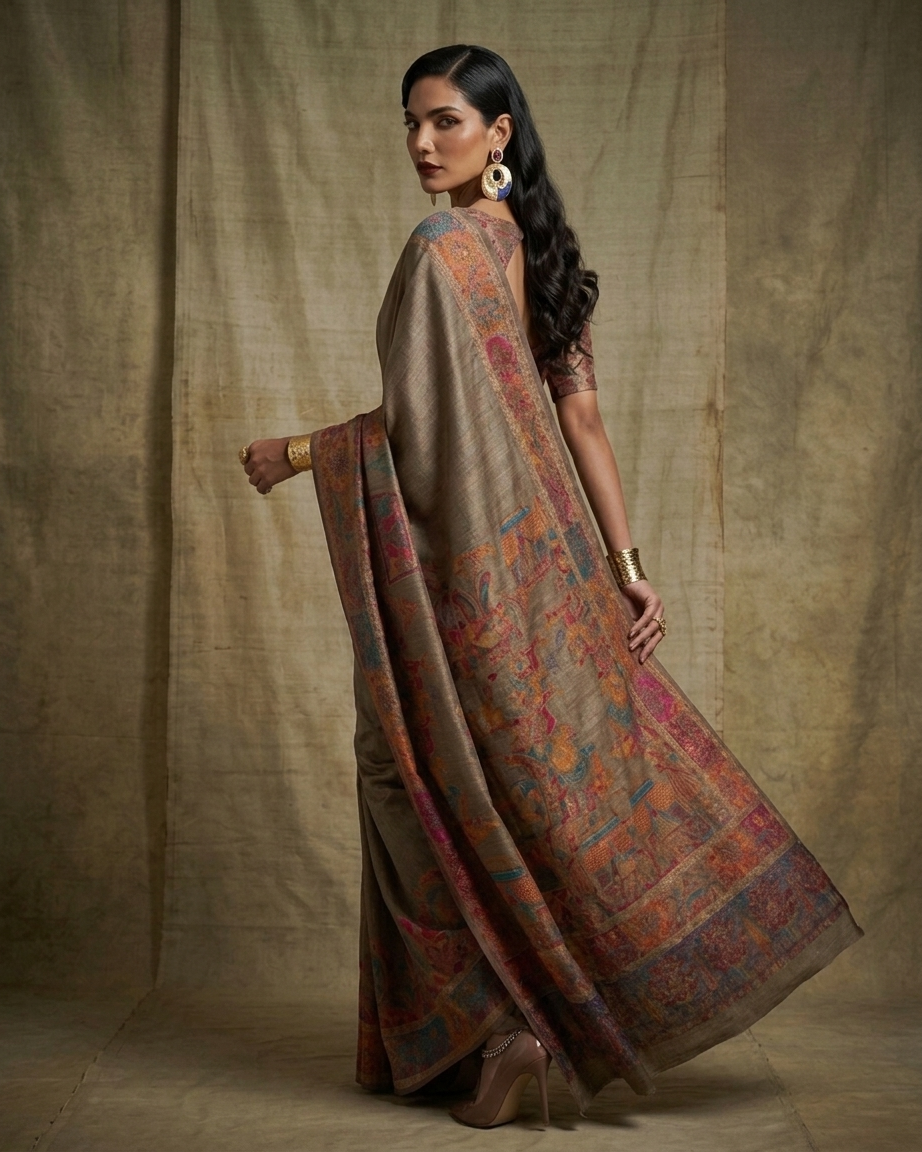 Craftique Kashmir Designer Saree and Blouse Set | Premium Cotton Self Woven | Kalamkaari Grey Coloured
