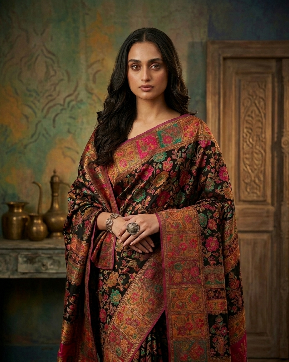 Craftique Kashmir Designer Saree and Blouse Set | Premium Cotton Self Woven | Kalamkaari Black Colorful Motifs