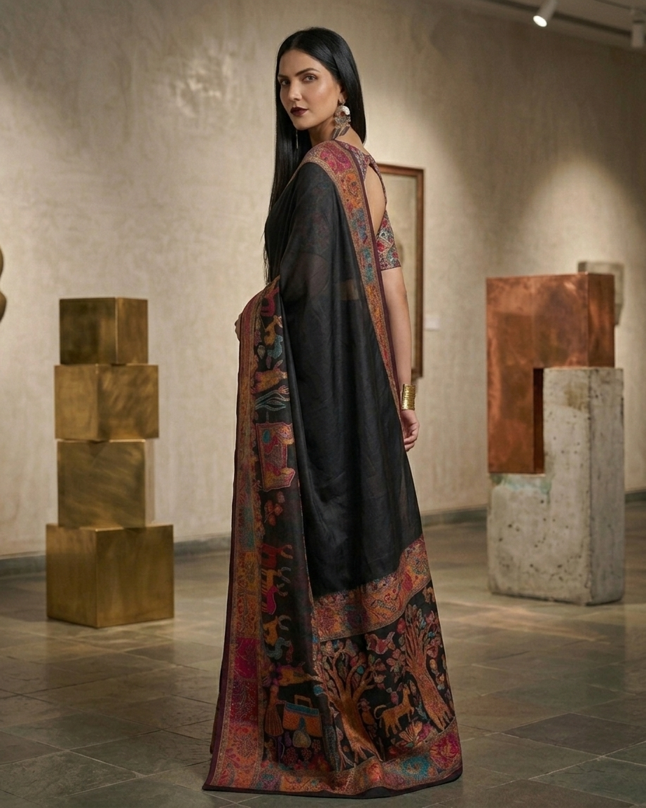 Craftique Kashmir Designer Saree and Blouse Set | Premium Cotton Self Woven | Kalamkaari Black Coloured