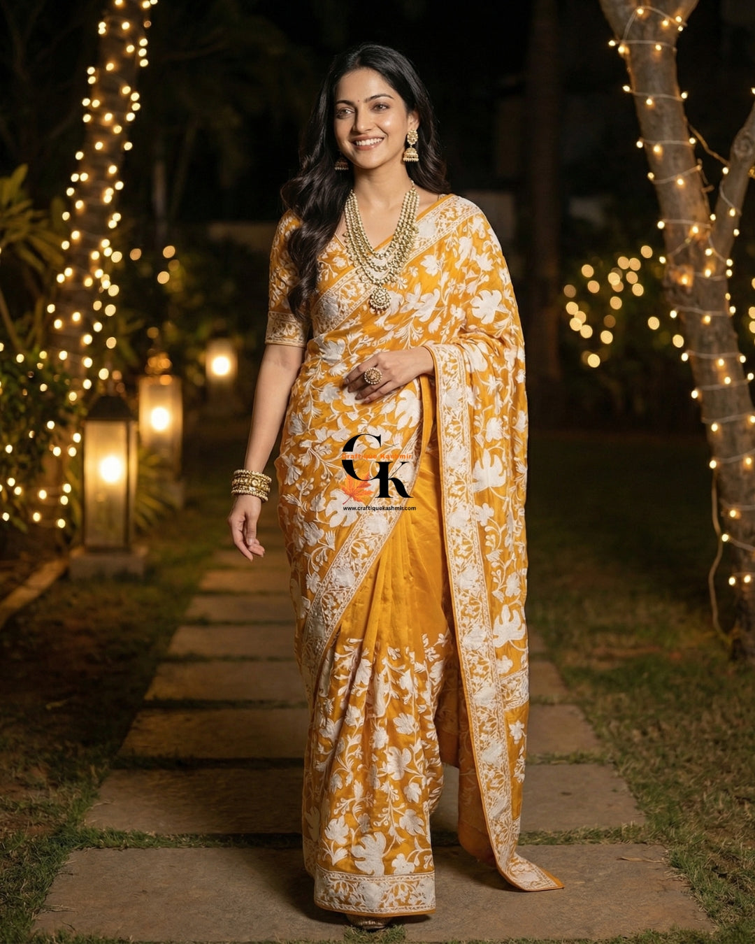 Designer Georgette Saree and Blouse Set | Aari Embroidered | Yellow Base White Embroidered Motifs