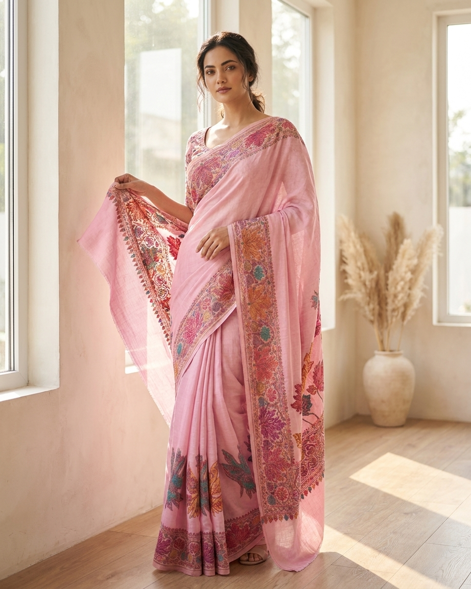 Craftique Kashmir Designer Saree and Blouse Set | Premium Cotton Self Woven | Chinar Embroidery Stylish Pink Coloured